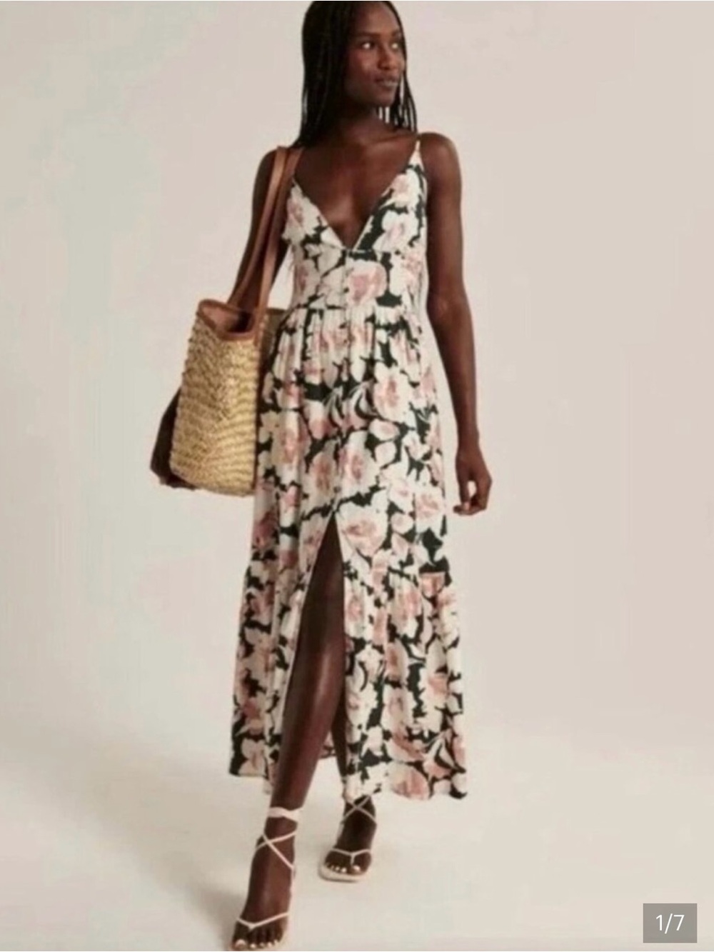 Abercrombie & Fitch Floral Maxi Slip Dress with Front Slit - Pink Floral